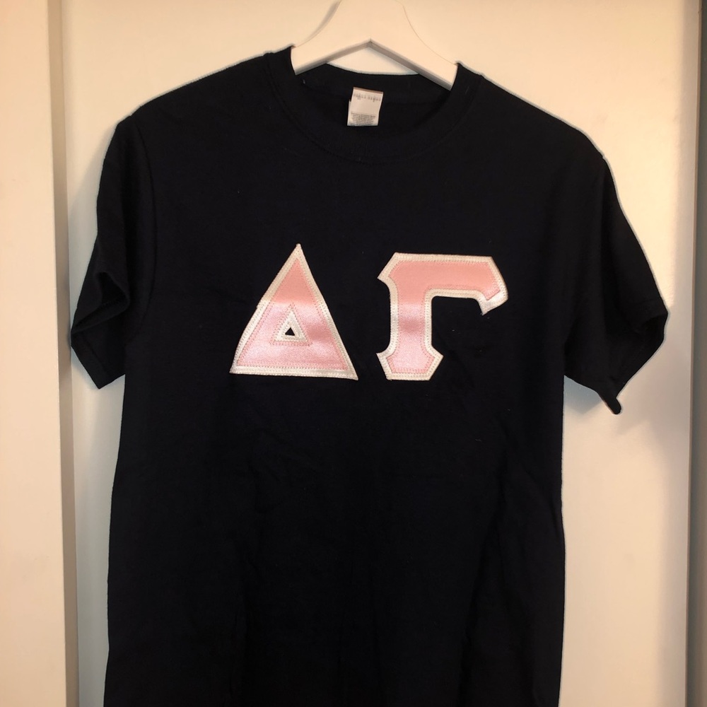 Navy Delta Gamma Shirt with Pink Twill Letters Sm